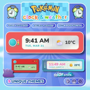 Pokémon-klocka och väderströmningswidget: 9 teman, Twitch-överlägg (3 x Pokopia-teman)