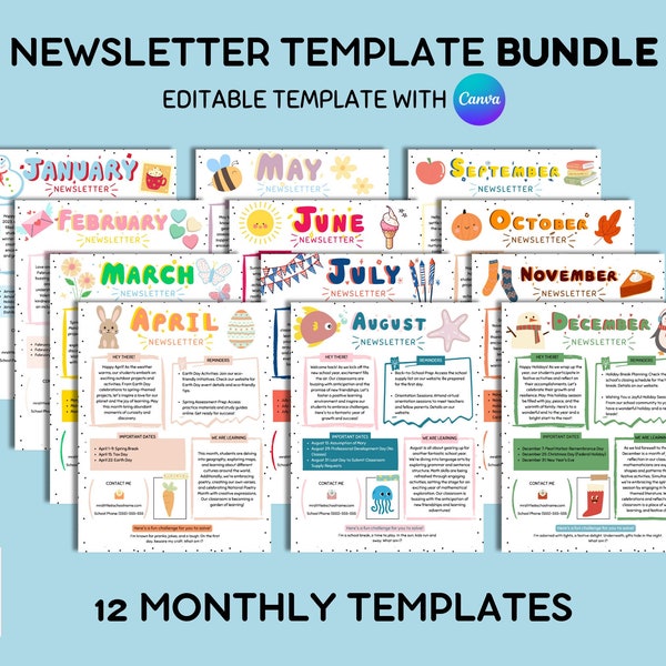 Editable Teacher Newsletter Template Bundle, Classroom Newsletter, Canva Template, 12 Months of School Newsletter, Newsletter Flyers, Bundle