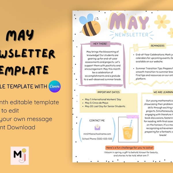 May Newsletter Template, Editable Newsletter, Monthly Newsletter, School Newsletter, Classroom Newsletter, Preschool Newsletter