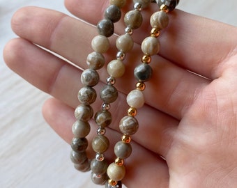 Petoskey Stone Beaded Stretch Bracelet, for healing, meditation and protection. Michigan made, round gemstone beads.