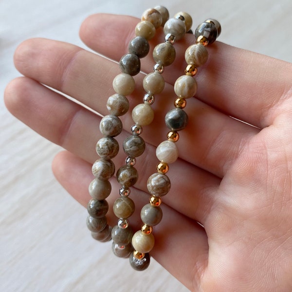 Petoskey Stone Beaded Stretch Bracelet, for healing, meditation and protection. Michigan made, round gemstone beads.