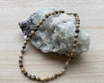 Petoskey Stone Knotted Choker Necklace, for healing, meditation and protection. Michigan made, round gemstone beads.