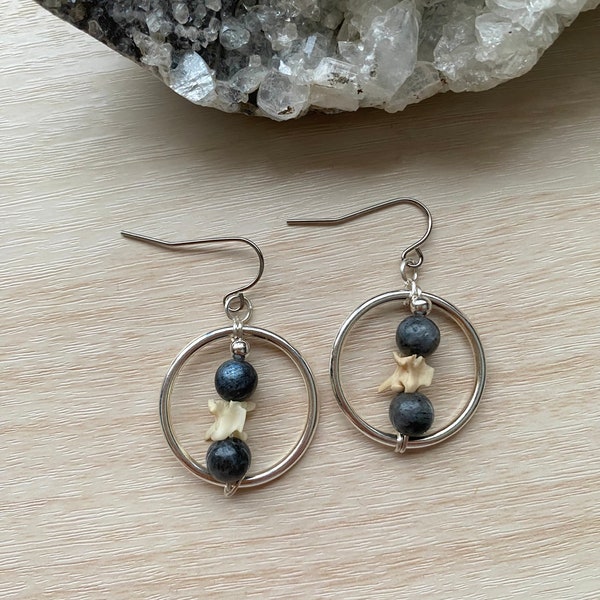 Snake Vertebrae and Labradorite Earrings, black and silver, oddities, witchy danglies