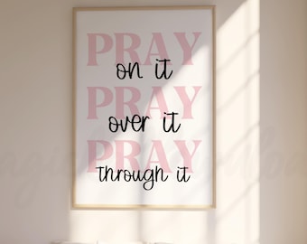 Różowa chrześcijańska sztuka ścienna, wydruk do pokoju nastolatka PRAY, plakat z wersetem biblijnym