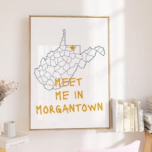 Morgantown Map Wall Art, West Virginia Dorm Room Printable Wall Art, Morgantown WV Print, Dorm Room Travel Poster, Blue Yellow Dorm Wall Art