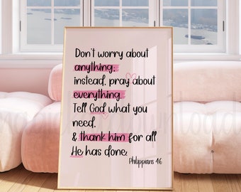 Pink Christian Wall Art, Bible Verse Print, Philippians 4 6 Teen Room Poster