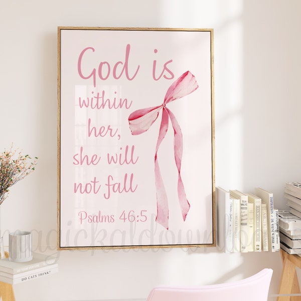 Coquette Pink Christian Wall Art, Bible Verse Print, Psalms 46 Poster, Pink Bow Decor