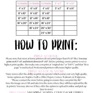 May include: A pink and white printable guide with instructions on how to print digital downloads at home, at a local store, or online. The guide includes a chart with different print sizes and ratios, including 4:5, 3:4, and 2:3. The text includes the words "Magickal Downloads", "How to Print", "Print at Home", "Print at Local Store", and "Print Online".