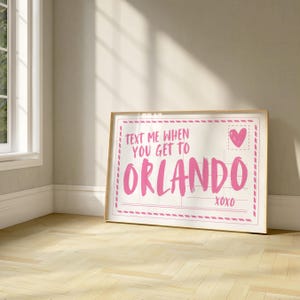 Art mural d'Orlando en Floride, art mural imprimable pour dortoir en Floride, impression d'Orlando rose, m'envoyer un SMS quand vous arrivez à Orlando, carte postale d'art mural en Floride