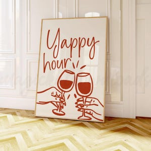 Cartaz Yappy Hour, impressão de arte de carrinho de bar para happy hour, arte de parede para impressão de jantar de menina, pôster digital de taça de vinho, arte de carrinho de bar de garota legal
