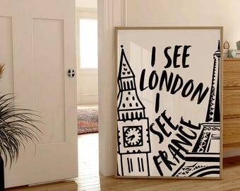 I See London I See France Print, Girly Bathroom Wall Art, Black Maximalist Bathroom Poster, Kid&#39;s Bathroom Doodle Wall Art, Dorm Room Art