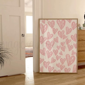 Pink Hearts Wall Art, Pink Art Prints, Pink Digital Wall Art, Pink Aesthetic Room Decor Pink Girly Poster Trendy Pink Dorm Room Art