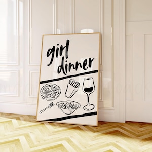 Girl Dinner Poster, Pizza and Wine Print, Girl Dinner Doodle, Kitchen Wall Art, Retro Kitchen Digital Print, Trendy Maximalist Wall Art