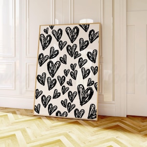 Trendy Black Wall Art, Hearts Digital Wall Art, Black White Aesthetic Room Decor, Black Girly Poster, Black Dorm Room Print