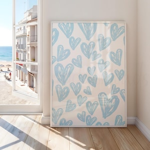 Blauwe girly muurkunst, blauwe tienerkamerafdrukken, poster coquette blauwe harten, blauwe esthetische kamerdecoratie, trendy blauwe slaapzaalkunst