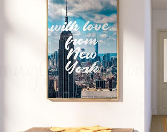 Arte mural de Nueva York, arte mural retro de Nueva York para imprimir, lámina del horizonte de Nueva York, lámina para dormitorio universitario de Nueva York, arte mural de viajes