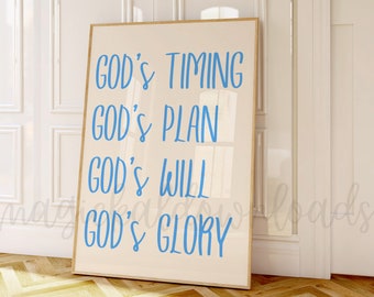 Blue Christian Printable Wall Art, Bible Verse Scripture Dorm Room Wall Art, Blue Wall Decor, Blue Teen Room Print, God's Timing Poster