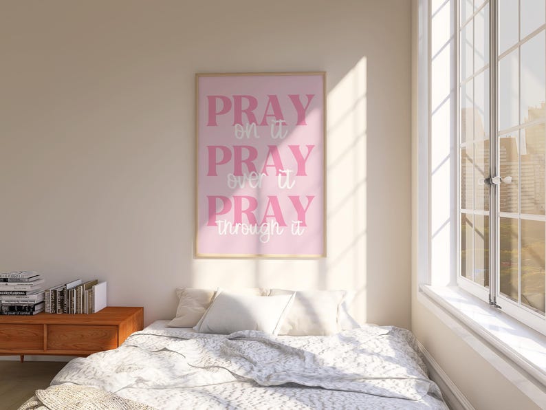 Pink Christian Printable Wall Art, Pink PRAY Dorm Room Wall Art, Pink Scripture Digital Art, Pink Bible Verse Typography Poster image 1