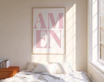 Chrześcijańska sztuka ścienna AMEN, sztuka ścienna do pokoju w akademiku z wersetem biblijnym, dekoracja ścienna w kolorze brudnego różu, wydruk do pokoju nastolatka, plakat z fragmentem Pisma Świętego