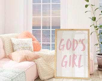 Preppy Pink Christian Print, plakat z dziewczyną Boga, różowa sztuka ścienna do pokoju w akademiku, różowa dekoracja ścienna z Pismem Świętym, różowy plakat z wersetem biblijnym, czysta sztuka dziewczyny