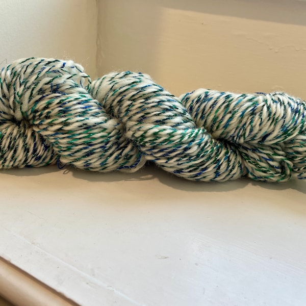 Blue-Green Sparkle Corriedale Wool Yarn - Versatile and Sustainably Sourced, 200 Yards, Handspun, Processed Raw Wool