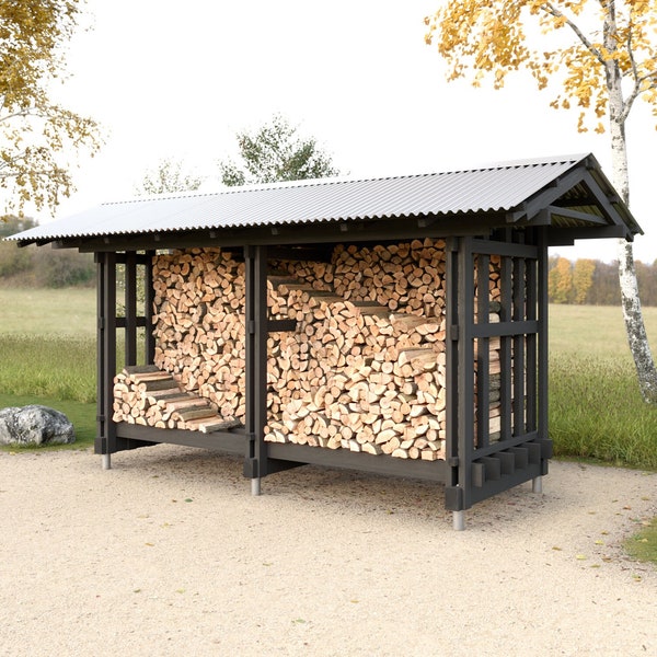 Firewood Shed L DIY Build Plans PDF | 2 cord | 7 m3