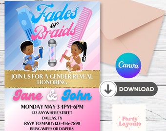 Fades or Braids Gender Reveal Editible Invitation, Digital invitation, Phone invitation Template