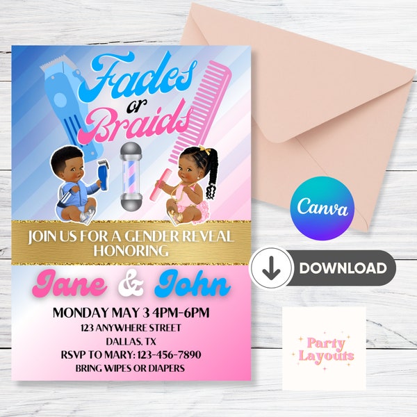 Fades or Braids Gender Reveal Editible Invitation, Digital invitation, Phone invitation Template