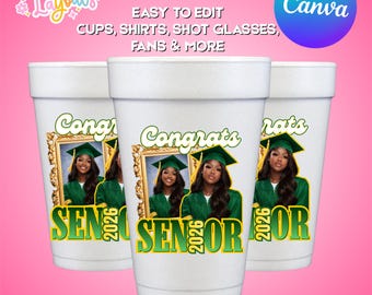 Editable Graduation Cup & Shot Cup Label Sticker Template | Class of 2026 Senior Printable DIY Party Design