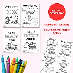 Cartes de construction imprimables pour la Saint-Valentin, pages à colorier, cartes de Saint-Valentin en classe pour les enfants, étiquettes cadeaux DIY, téléchargement instantané, camions