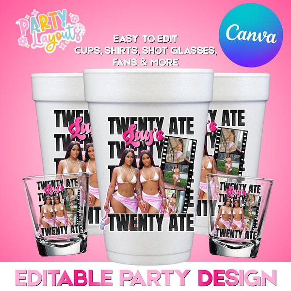 Pink Editable Birthday Cup & Shot Cup Label Sticker Template | Twenty Ate, 28, Printable DIY Party Design Canva Digital Download