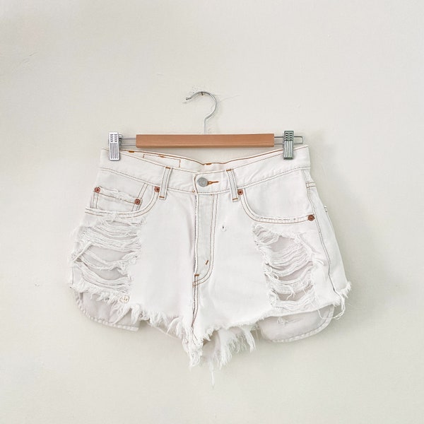 Levi's White Denim Distressed Short Shorts Women's 28"