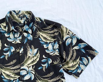 Camisa hawaiana de hojas azules 100 % seda para hombre talla M