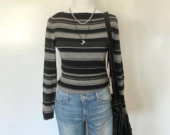 J.Crew Black and Grey Striped Merino Wool Long Sleeve Top size M