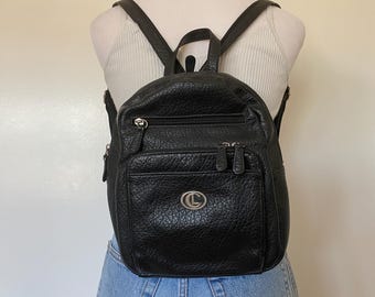 Black Faux Leather Mini Backpack with Adjustable Straps and Multiple Pockets