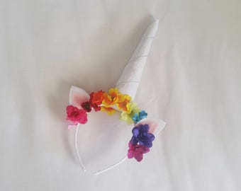 Rainbow Flowers Glitter Unicorn Horn Headband