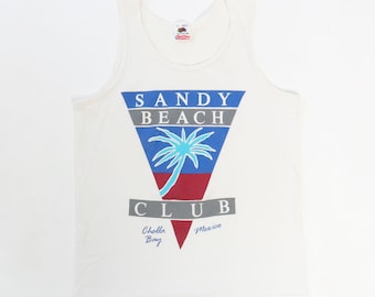 Camiseta sin mangas con gráfico de playa turística de los 90 para hombre talla S