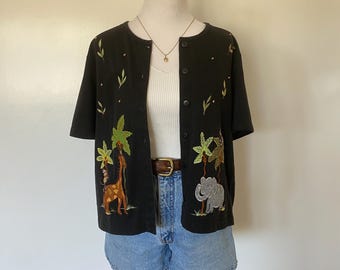 90s Black Safari Animal Short Sleeve Shirt Women’s L Teacher Zoo Summer