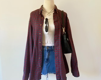 Camisa de franela tejida a cuadros rojos con botones para hombre talla XL