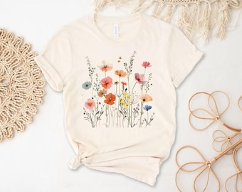 Boho Wildflower T-Shirt Wildflowers Watercolor Poppy Summer Shirt Flowers T-Shirt Flower Meadow Bohostyle Nature Vintage Floral Spring