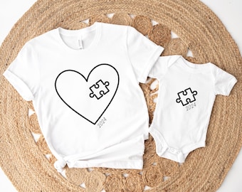 Mama and Mini Partner Look Puzzle Heart Daughter Baby Shirt Baby Body Gift Mama Matching Outfits Gift Idea for Birth with Year