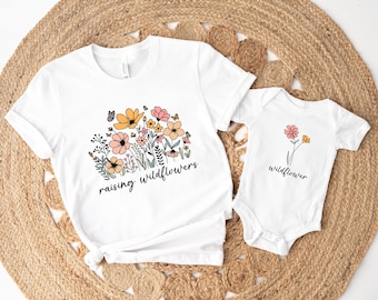 Mom and Mini Daughter Baby Shirts Baby Body Raising Wildflowers Family Outfit Partner Look Basic Matching Outfits Gift Flowers Boho Flowers
