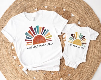 Mama en Mini Mama en ik, bijpassende moeder-dochteroutfits. Boho-stijl Elegant Chique Baby Body Shirt Familie-outfit Partnerlook