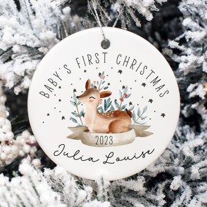 Personalized Baby&#39;s First Christmas Ornament 2023, Cute Christmas Gifts for newborn, Woodland Christmas ornaments for new baby, Oh Deer Baby