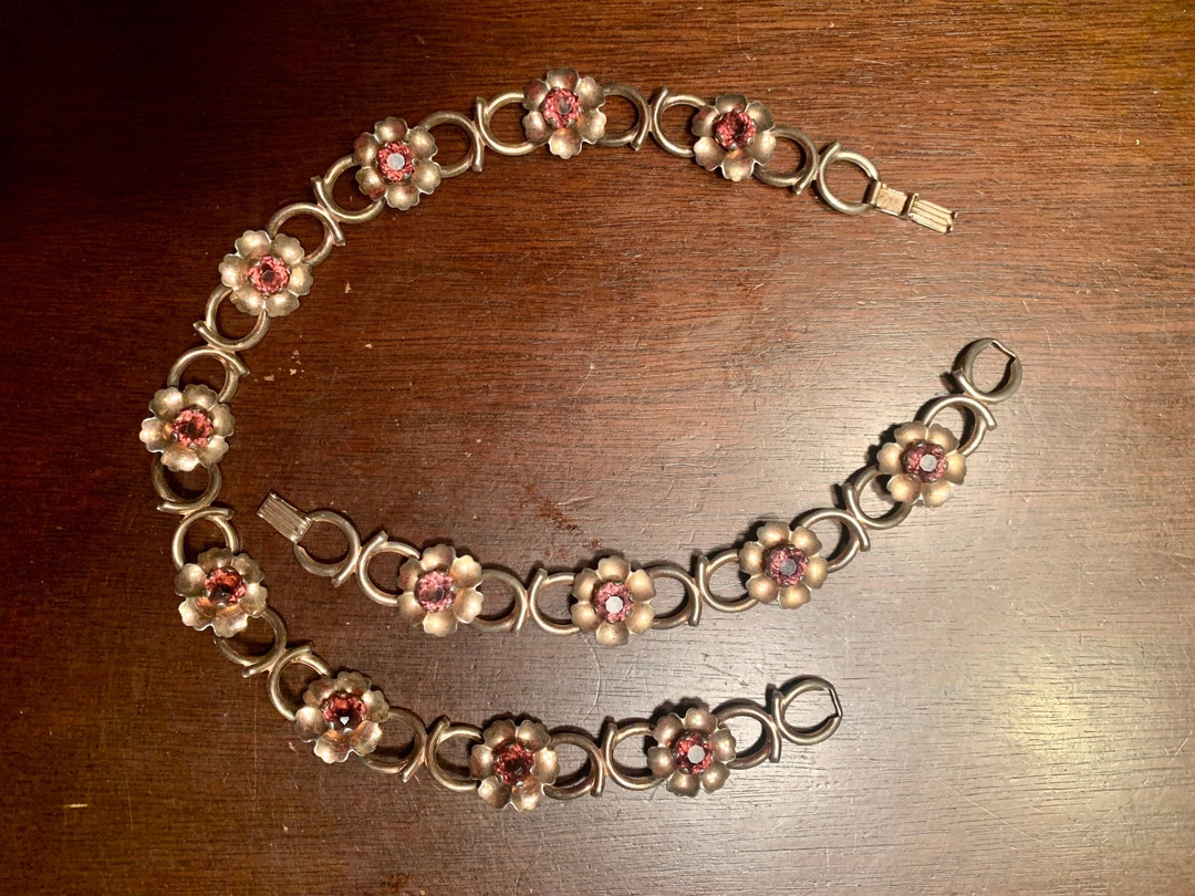 Vintage Flower Cluster Necklace and Bracelet With Amethyst Rhinestones