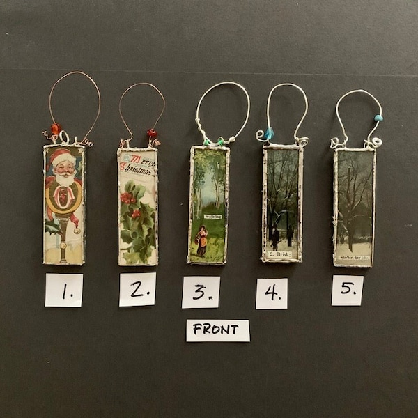 Original and unique handmade ornaments created with microscope slides, vintage postcards, copper or silver wire and beads.