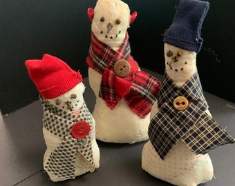 Vintage handmade snowman trio. Free standing, weighted on bottom. Created with vintage quilts. 1990s era.