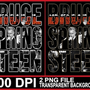 Puede incluir: Un gráfico negro y rojo con el texto "BRUCE SPRINGSTEEN" en letras blancas grandes, con una imagen en blanco y negro de Bruce Springsteen. También está presente el texto "LAND OF HOPE & DREAMS" y "E STREET BAND".