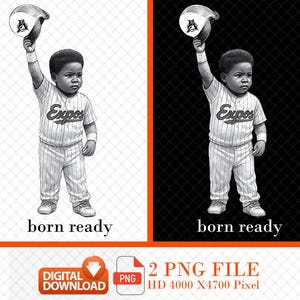 Peut inclure: Illustration en noir et blanc d'un enfant en uniforme de baseball, tenant une casquette. L'uniforme affiche "Expos". Le texte "born ready" est en dessous. Téléchargement numérique, 2 fichiers PNG, HD 4000 x 4700 pixels.