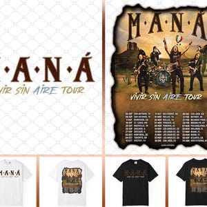 以下が含まれることがあります： バンドM·A·N·Áと「Vivir Sin Aire Tour」のロゴが特徴のTシャツコレクション。デザインにはバンド名とツアーの詳細が含まれ、砂漠の風景グラフィックが描かれています。白と黒で利用可能。